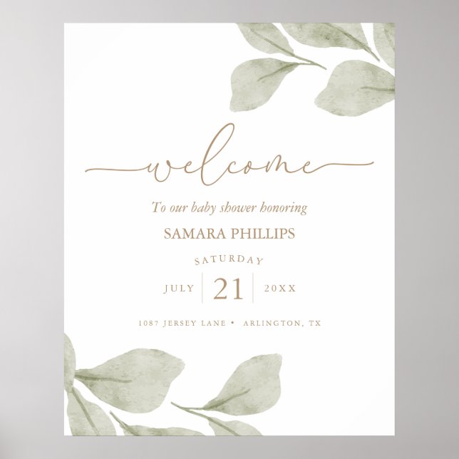 Poster Baby shower Feuille Eucalyptus Neutre Genre Bienve (Devant)