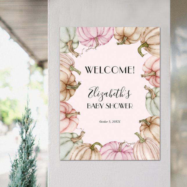 Poster Baby shower fille Citrouille rose Bienvenue (Pink Pastel Pumpkin Girl Baby Shower Welcome Poster)