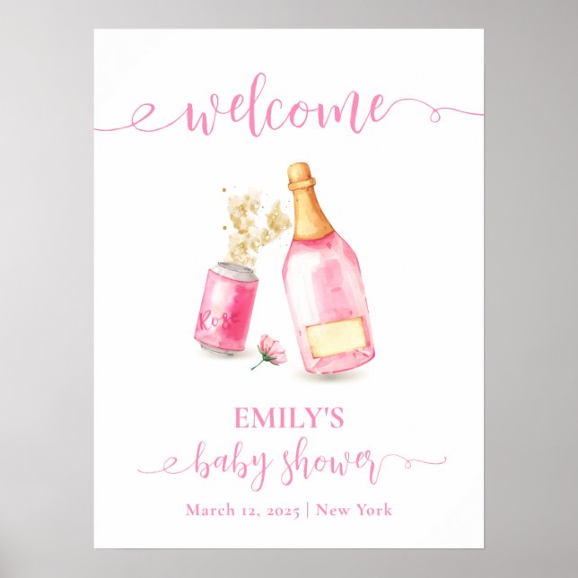 Poster Baby shower Fille de bière Champagne Rose Bienvenu (Devant)