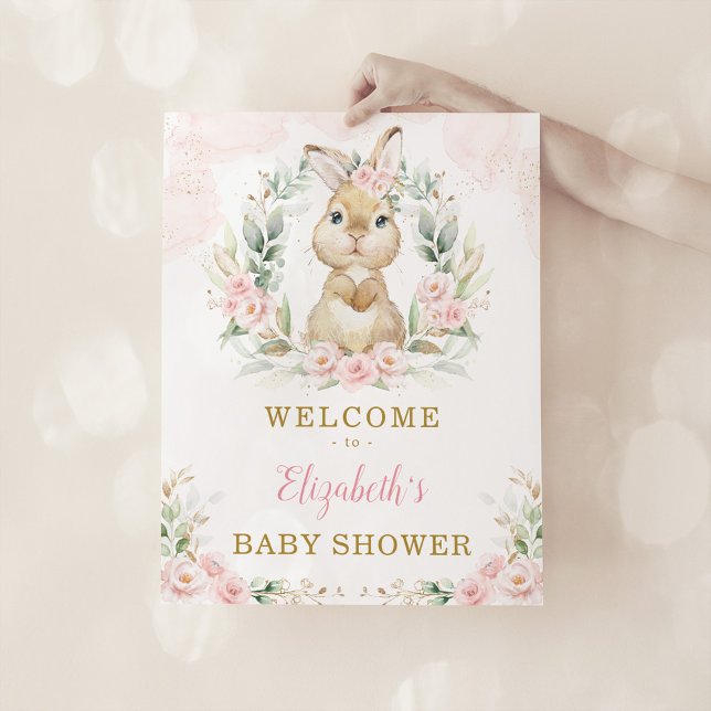 Poster Baby shower Fille Lapin Rose Floral Lapin Rabbit B (Créateur téléchargé)