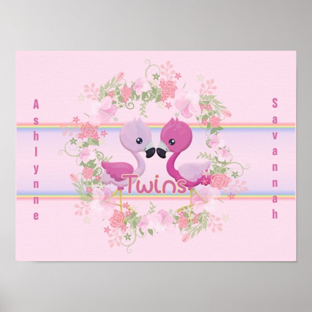 Poster Baby shower Flamant rose rose Twins Personnalisé (Devant)