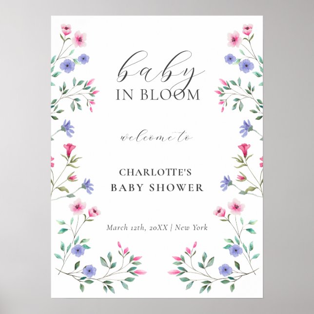 Poster Baby shower Fleur sauvage Baby In Bloom Bienvenue (Devant)