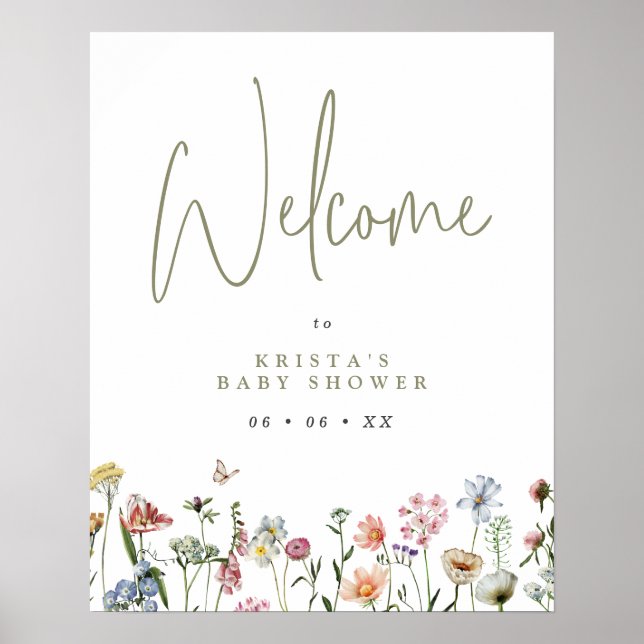 Poster Baby shower fleur sauvage Bienvenue (Devant)