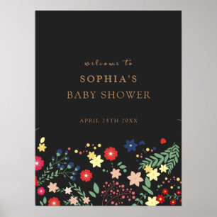 Poster Baby shower Fleur sauvage noir élégant Bienvenue