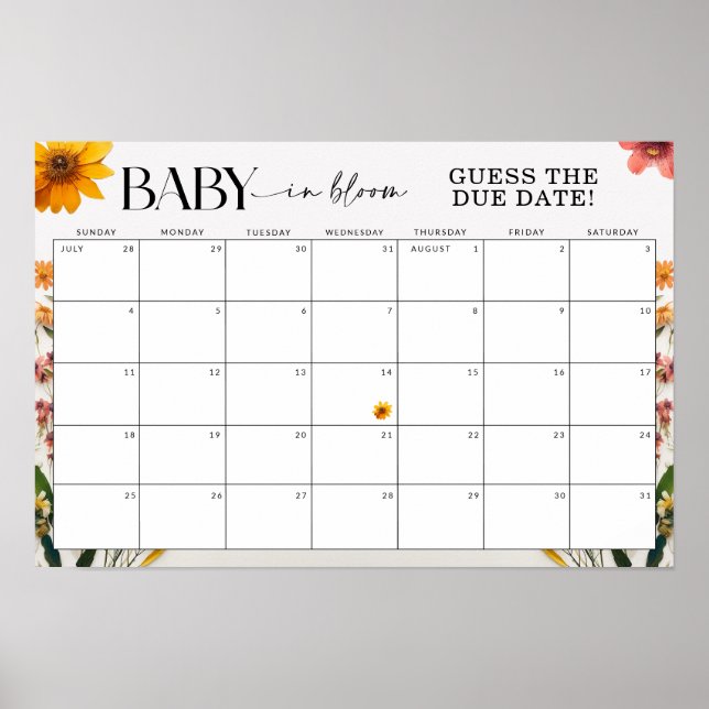Poster Baby shower Fleur sauvage pressé devine la date d' (Devant)