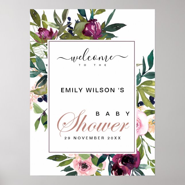POSTER BABY SHOWER FLEURI BURGUNDY LUMINEUX BIENVENUE (Devant)