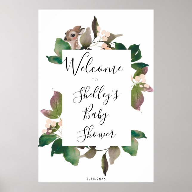 Poster baby shower fleuri de cerf mignon signe de bienven (Devant)