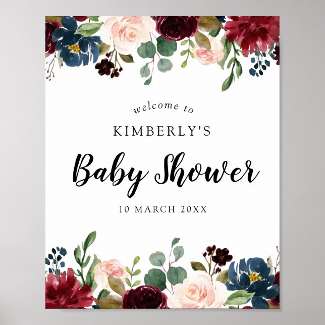 Poster Baby shower floral bordeaux et marine signe de bie (Devant)