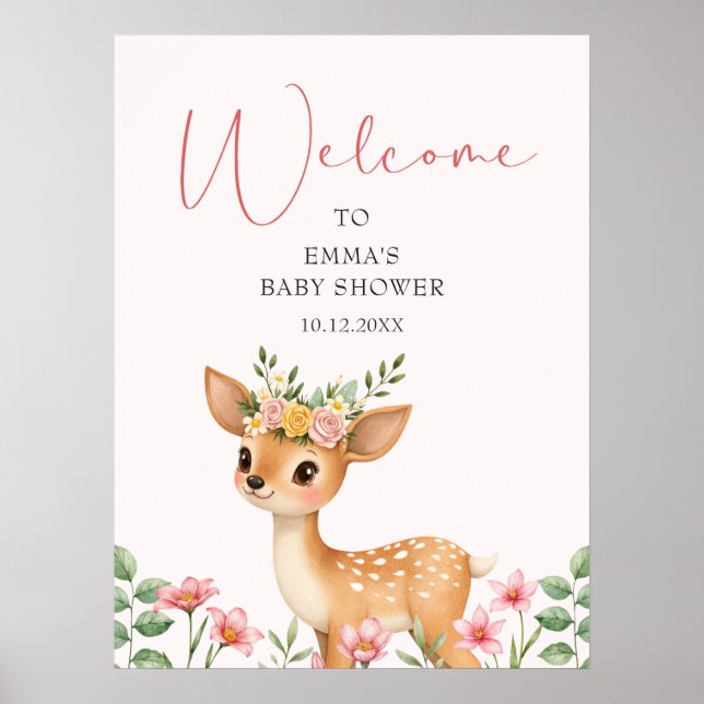 Poster Baby shower Floral de Cerf mou Bienvenue Baby show (Devant)