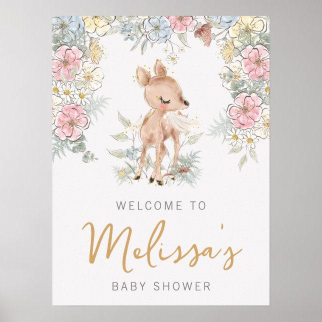Poster Baby shower Floral de cerfs de bois Bienvenue (Devant)