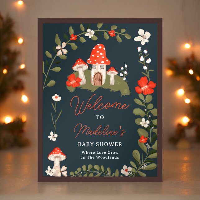 Poster Baby shower floral de champignons de bois (Whimsical woodland mushrooms floral baby shower poster)
