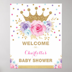 Poster Baby shower Floral de la princesse Couronne Blush