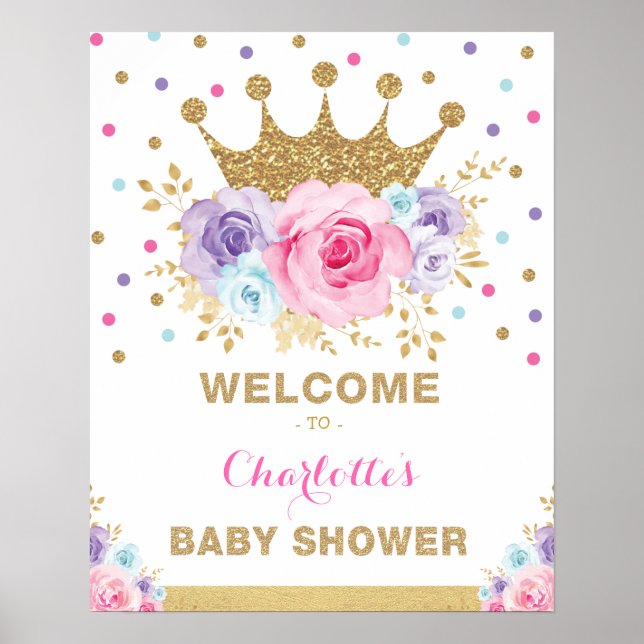 Poster Baby shower Floral de la princesse Couronne Blush  (Devant)