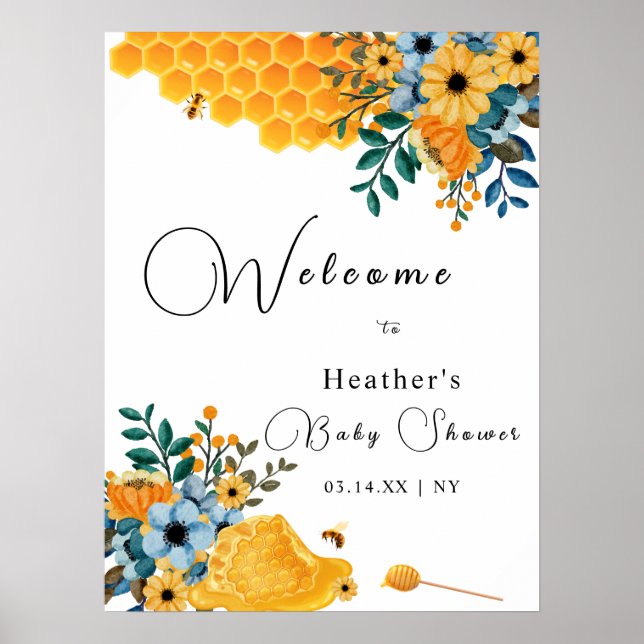 Poster Baby shower Floral de miel doux moderne Bienvenue (Devant)