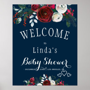 Poster Baby shower Floral d'hiver rustique de la Marine d