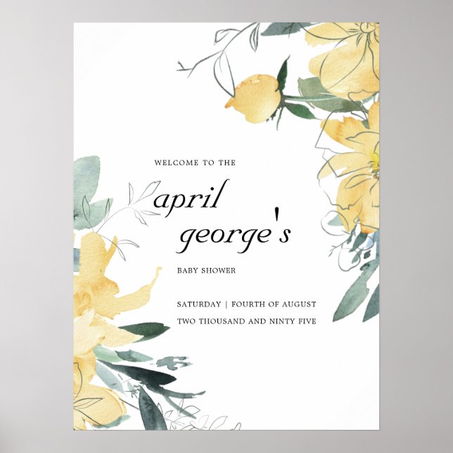 Poster Baby shower FLORAL ÉLÉGANT ET NETTOYÉ JAUNE (Devant)