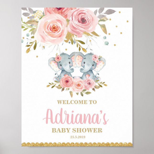 Poster Baby shower Floral Elephant Twin Girls Bienvenue (Devant)