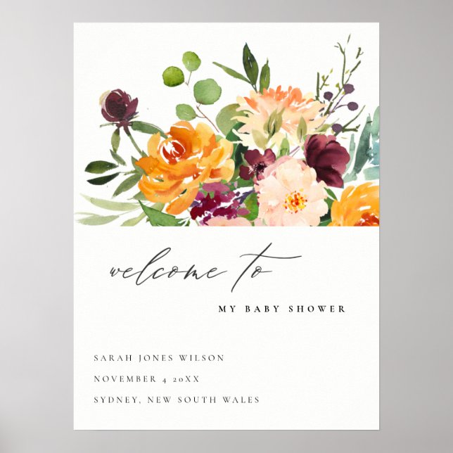 Poster Baby shower Floral Orange Jaune Lumineux Bienvenue (Devant)