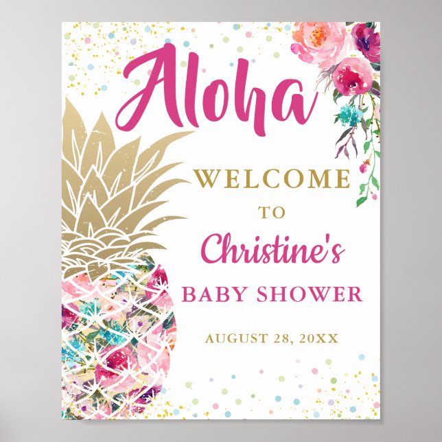 Poster Baby shower floral rose ananas tropical Bienvenue (Devant)