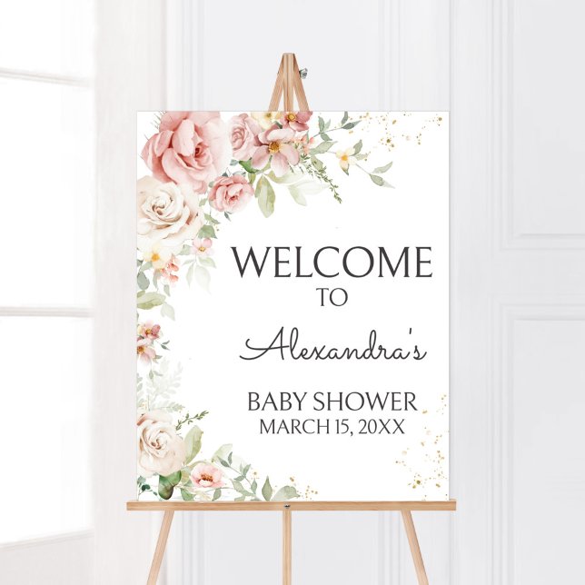 Poster Baby shower floral rose poussiéreux Bienvenue (Dusty Pink Floral Greenery Baby Shower Welcome Sign)