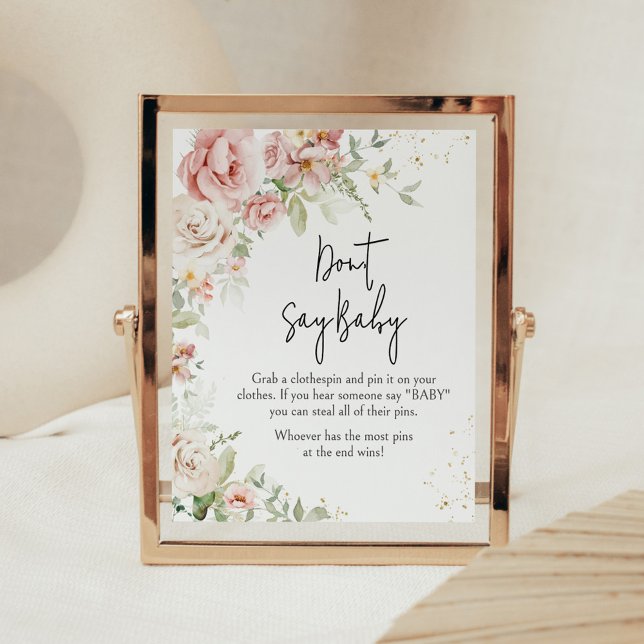 Poster Baby shower floral rose poussiéreux Ne dites pas b (Dusty Pink Floral Greenery Baby Shower Don't Say Baby Sign)