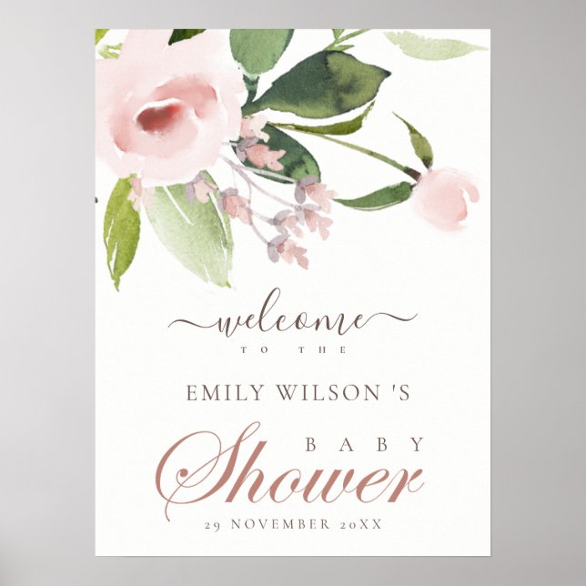 POSTER BABY SHOWER FLORAL ROSE ROSE ROSE DOUX ET BLEU ACC (Devant)