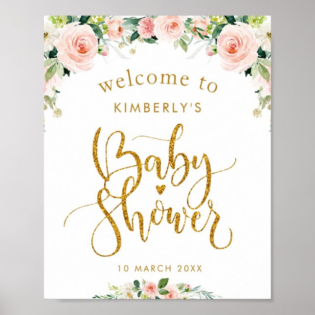 Poster baby shower floral rose vif panneau d'accueil (Devant)