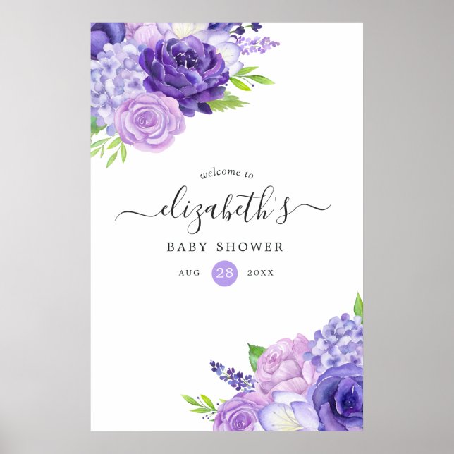 Poster Baby shower Floral Ultra Violet (Devant)