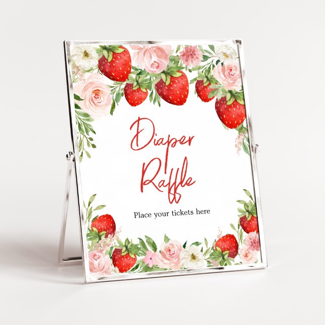 Poster Baby shower fraise Raffin (Pink Floral Strawberry Baby Shower Diaper Raffle Sign)
