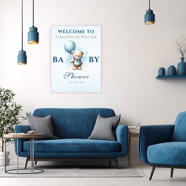Poster Baby shower Garçon Bleu Balloon Teddy Bear (Créateur téléchargé)