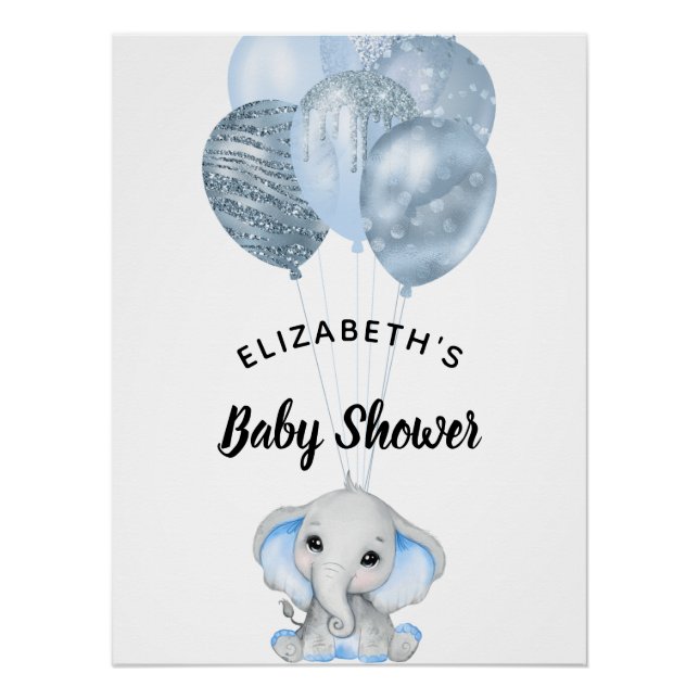 Poster Baby shower garçon bleu clair éléphant ballons (Devant)