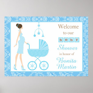 Poster Baby shower garçon Brunette Damask bleu