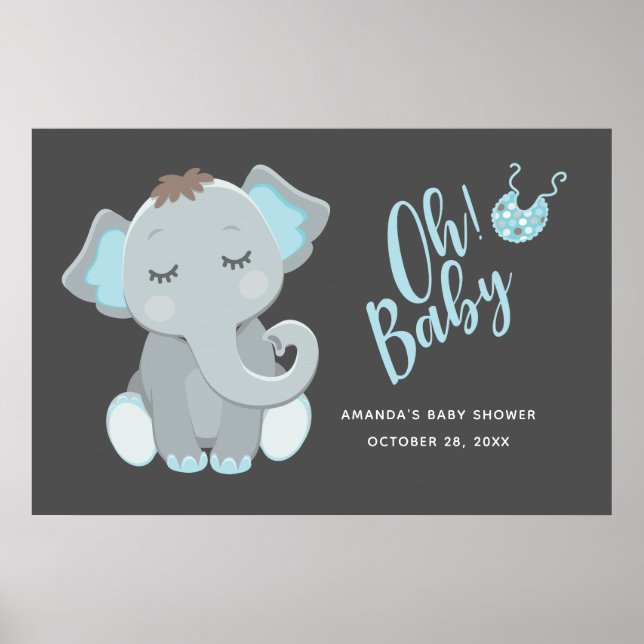 Poster Baby shower garçon Eléphant mignon (Devant)