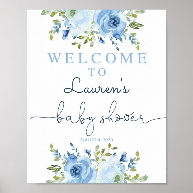 Poster Baby shower garçon signe d'accueil, bleu fleuri (Devant)