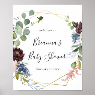 Poster Baby shower géométrique Bourgogne Gold Bienvenue