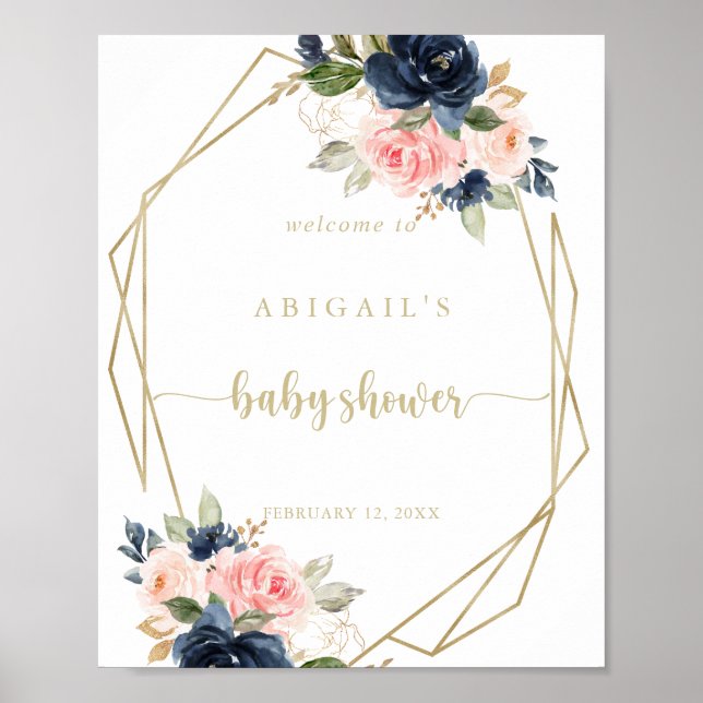 Poster Baby shower géométrique Floral Gold (Devant)