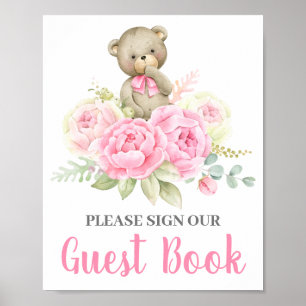 Poster Baby shower Girl Bear Guest Book