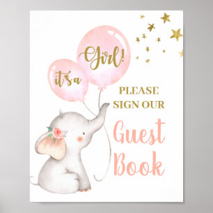 Poster Baby shower Girl Elephant Livre d'invité