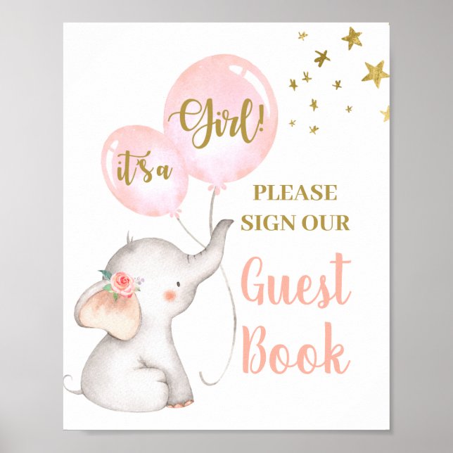 Poster Baby shower Girl Elephant Livre d'invité (Devant)