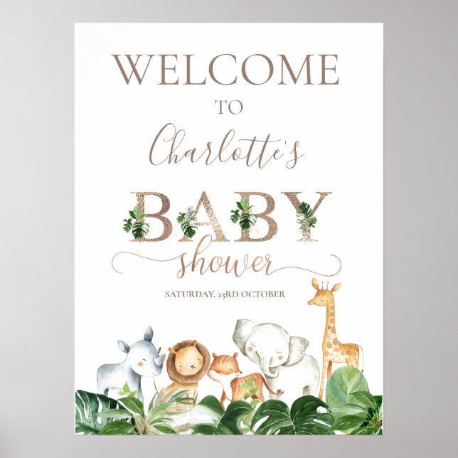 Poster Baby shower Gold Green Safari Animaux Bienvenue (Devant)