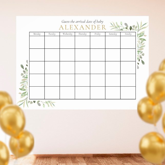 Poster Baby Shower Greenery Devinez la Date Prévue (Créateur téléchargé)