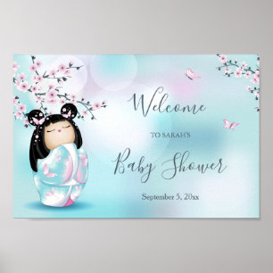 Poster Baby shower Kokeshi Doll Cherry Blossoms