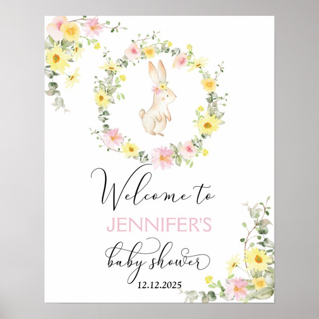 Poster baby shower lapin fleur sauvage accueil (Devant)