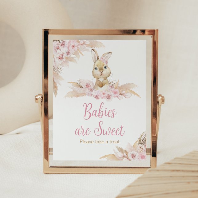 Poster Baby shower lapin rose Boho Les bébés sont doux (Pampas Grass Girl Bunny Baby Shower Babies are Sweet Sign)