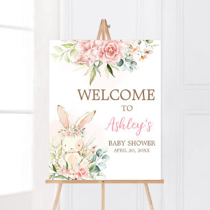 Poster Baby shower lapin rose floral Bienvenue