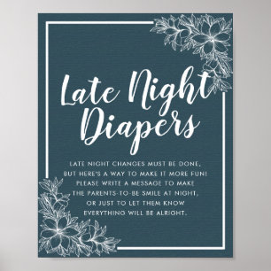 Poster Baby shower Late Night Diapers Bleu Blanc Fleurs