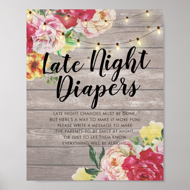 Poster Baby shower Late Night Diapers Fleurs Lumières Boi (Devant)