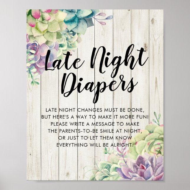 Poster Baby shower Late Night Diapers Signale Bois Succul (Devant)
