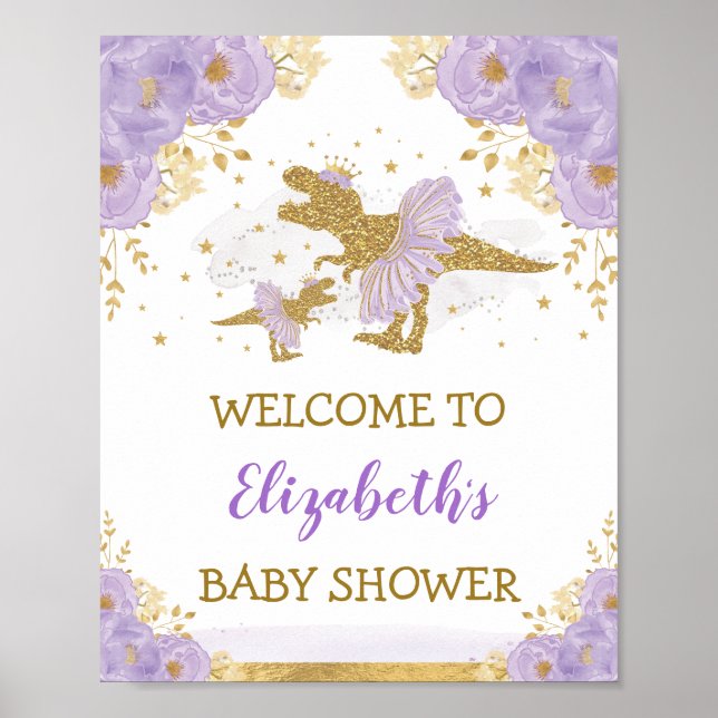 Poster Baby shower Lavender Dinosaur Ballerina Bienvenue (Devant)