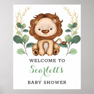 Poster Baby shower Lion Or Vert Moderne Bienvenue